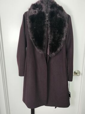 Nine West Dark Plum Wool Trench Coat with Faux Fur Collar